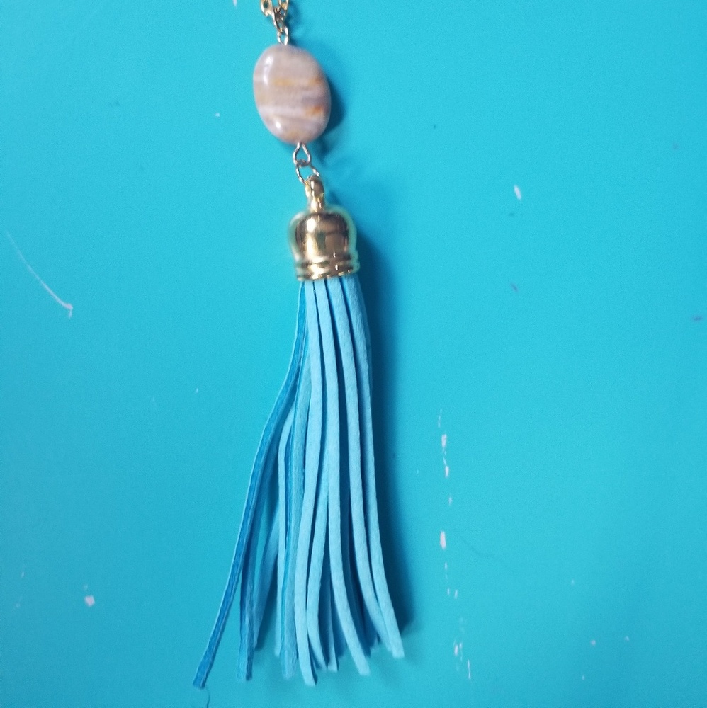 Light blue leather tassel & stone necklace